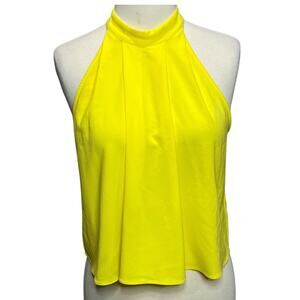 Bebe Halter Top‎ Womens XS Yellow Pleated Front Keyhole Summer Timeless Modern